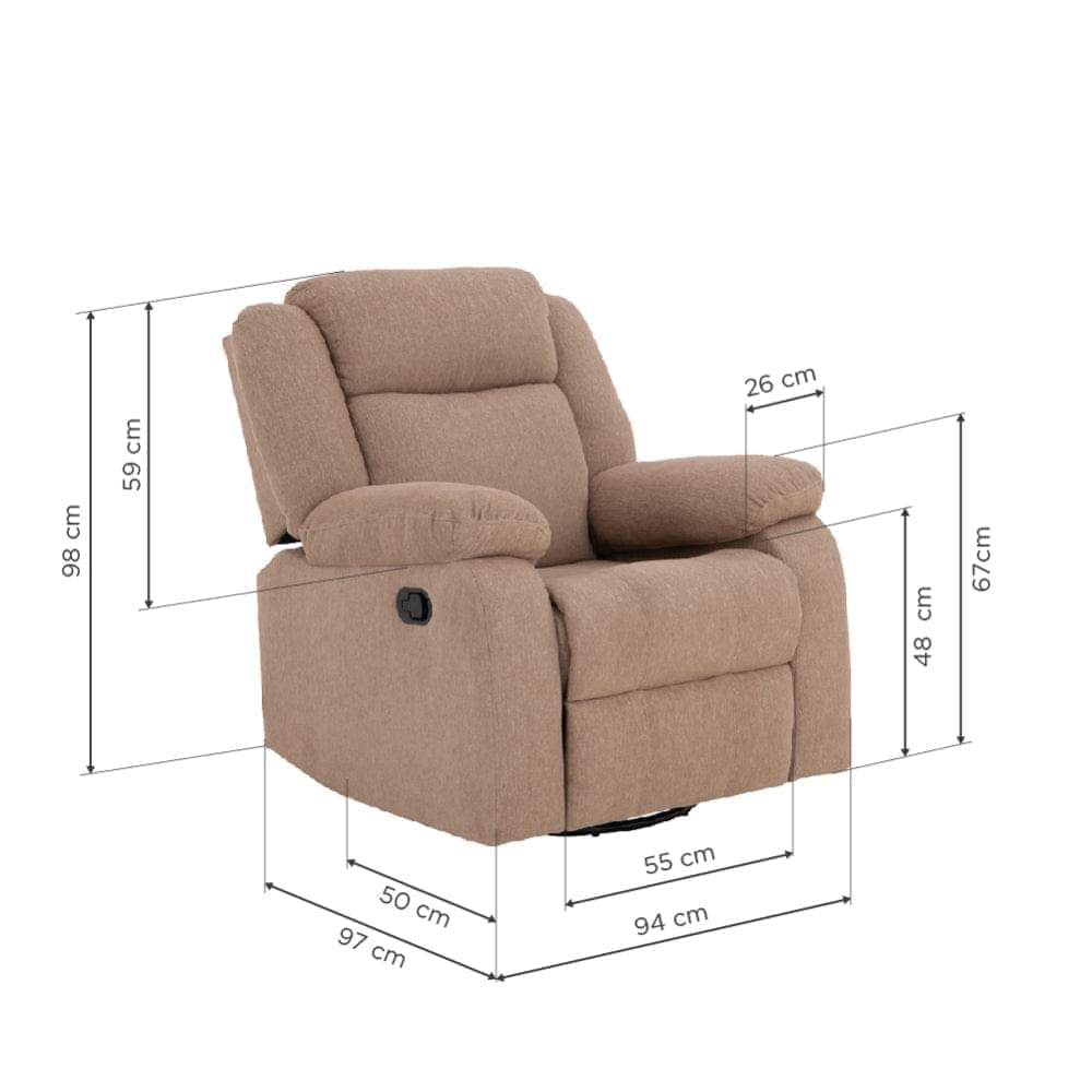 Avalon - Rocking & Rotating Single Seater Fabric Recliner in Plaster Brown Colour