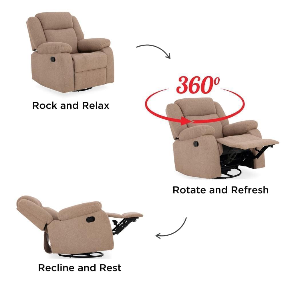 Avalon - Rocking & Rotating Single Seater Fabric Recliner in Plaster Brown Colour