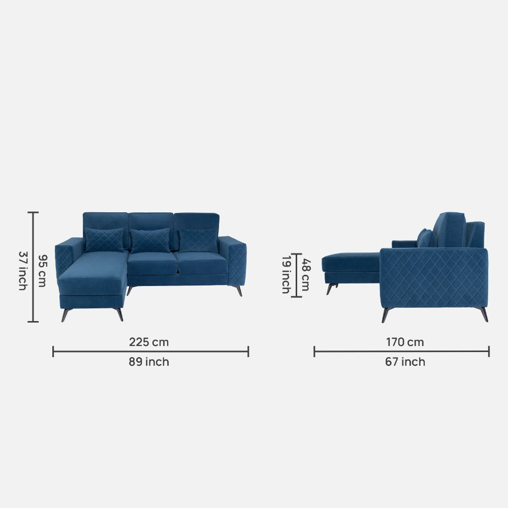 Eden Sapphire Blue Fabric 2 Seater Sofa With Lounger