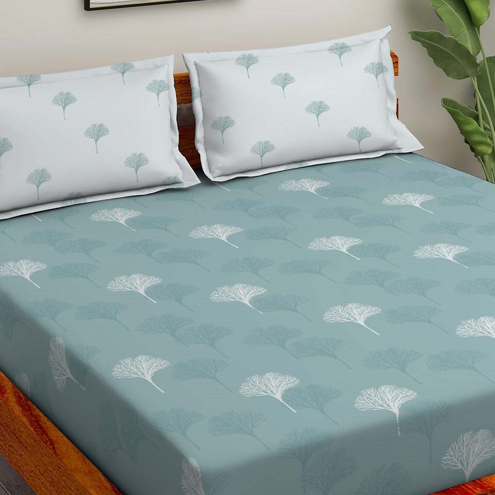 Ferns Blue 100% Cotton Antibacterial Bedsheet Set - Splendour Classic