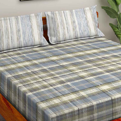 Checks Grey 100% Cotton Antibacterial Bedsheet Set - Splendour Classic