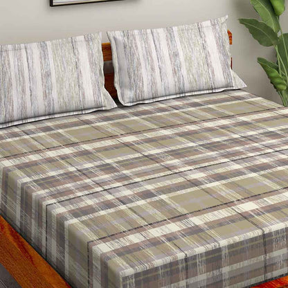 Checks Brown 100% Cotton Antibacterial Bedsheet Set - Splendour Classic