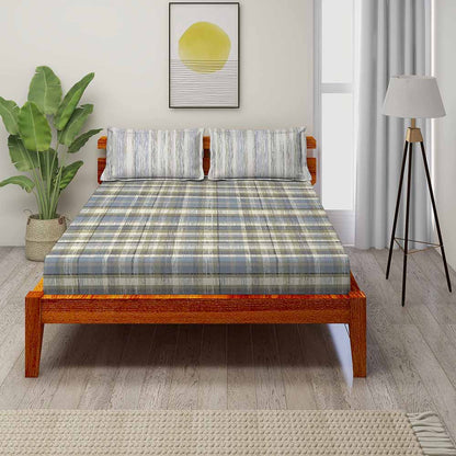 Checks Grey 100% Cotton Antibacterial Bedsheet Set - Splendour Classic
