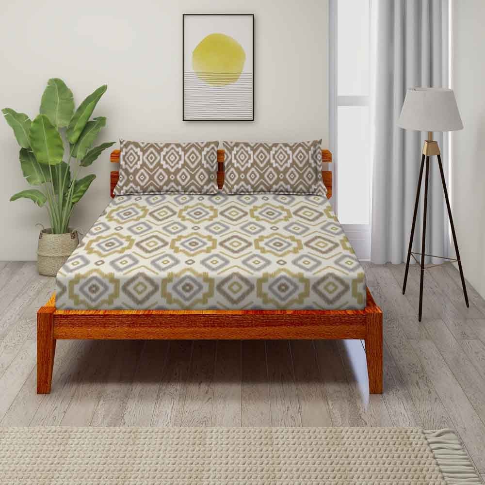 Ikat Brown 100% Cotton Super Soft Antibacterial Bedsheet Set - Splendour Prime