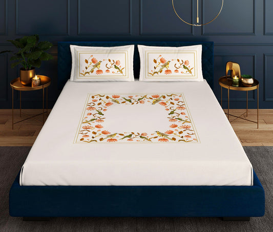 Paroquet Beige Designer Antibacterial Cotton Bed Linen Set by Rohit Bal