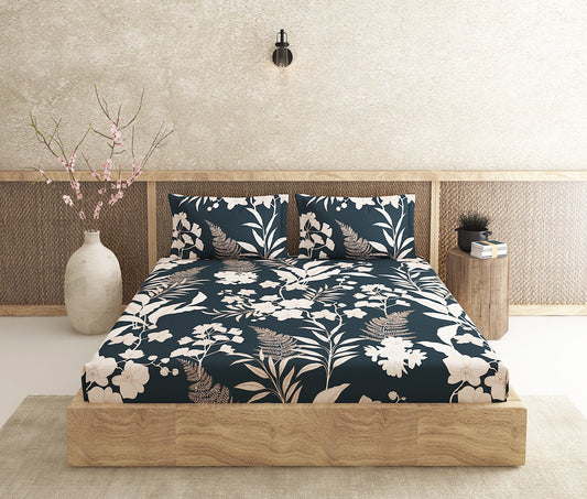 Fern Black 100% Cotton Antibacterial Bedsheet Set