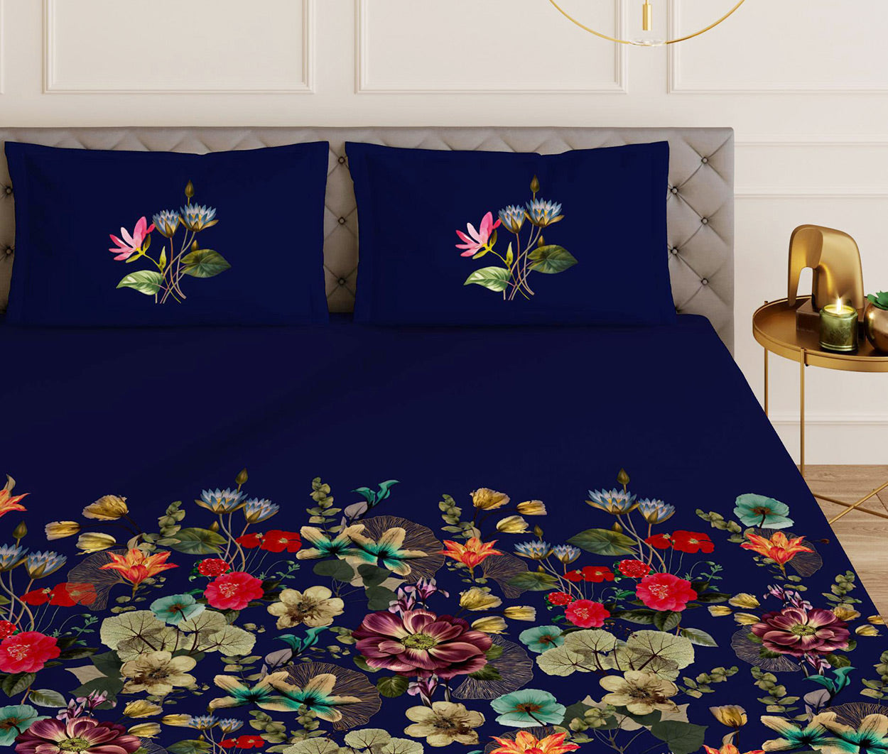 Florescence Blue Designer Antibacterial Cotton Bed Linen Set by Rohit Bal