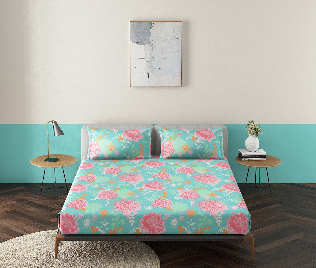 Florian Teal 100% Cotton Antibacterial Bedsheet Set