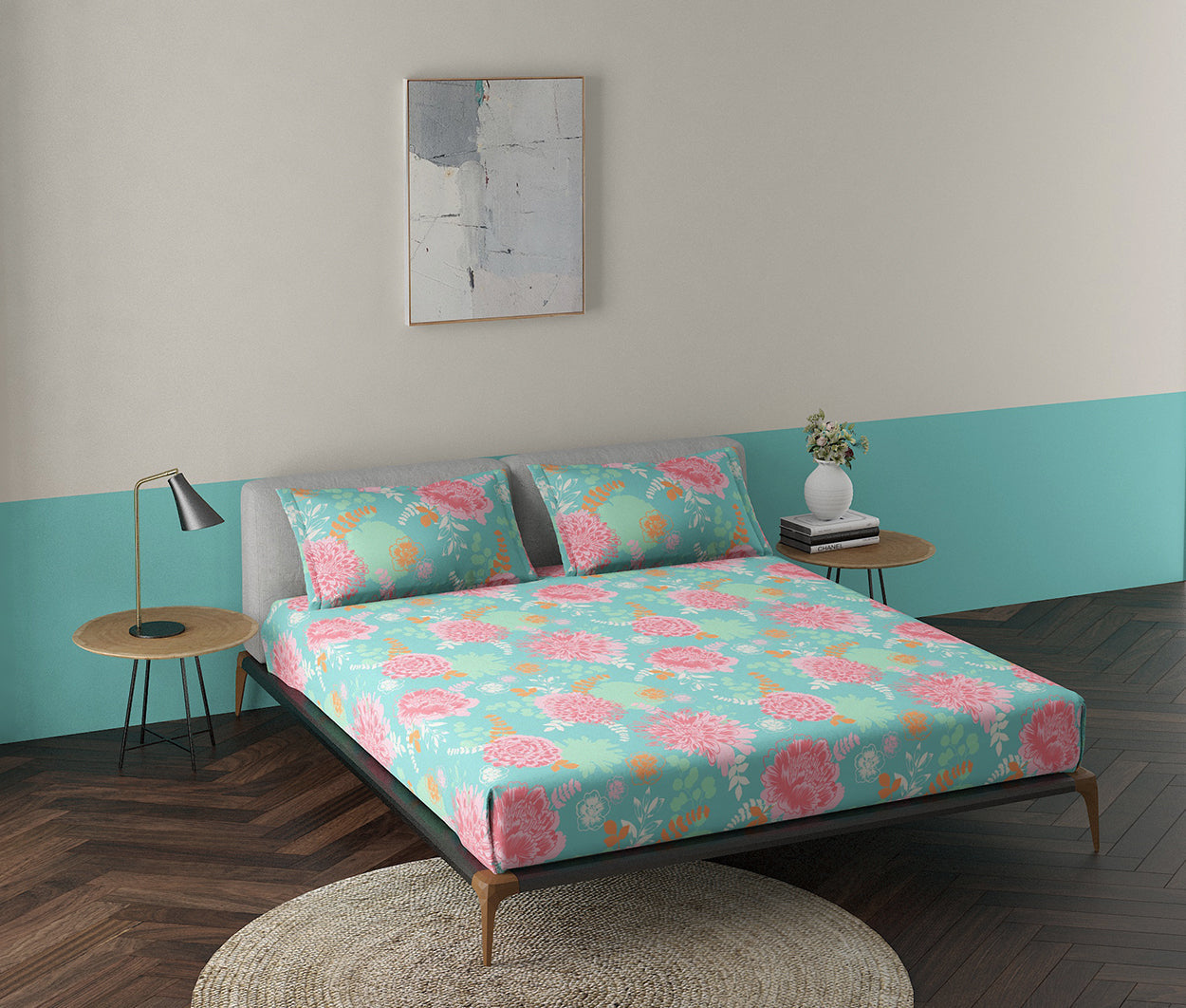 Florian Teal 100% Cotton Antibacterial Bedsheet Set