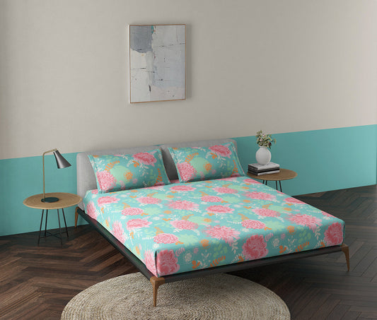 Florian Teal 100% Cotton Antibacterial Bedsheet Set