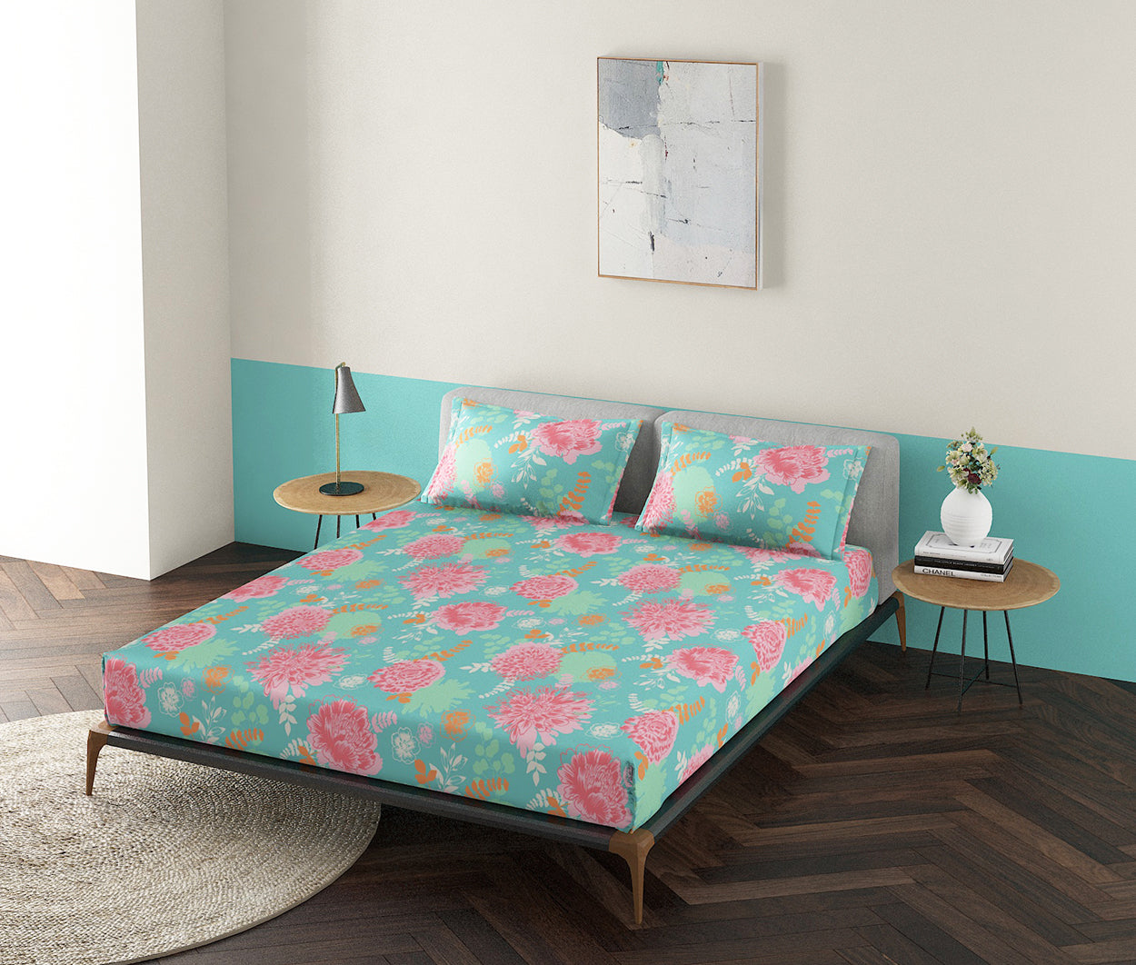 Florian Teal 100% Cotton Antibacterial Bedsheet Set