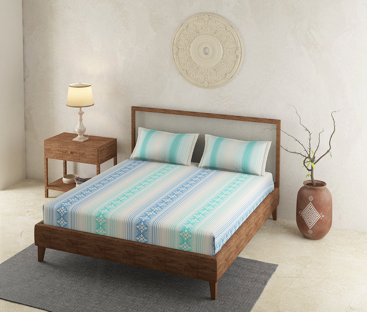 Folk Blue 100% Cotton Antibacterial Bedsheet Set
