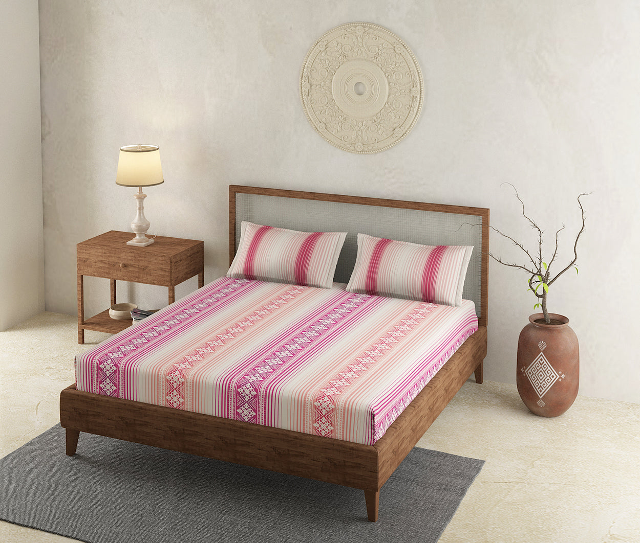 Folk Pink 100% Cotton Antibacterial Bedsheet Set