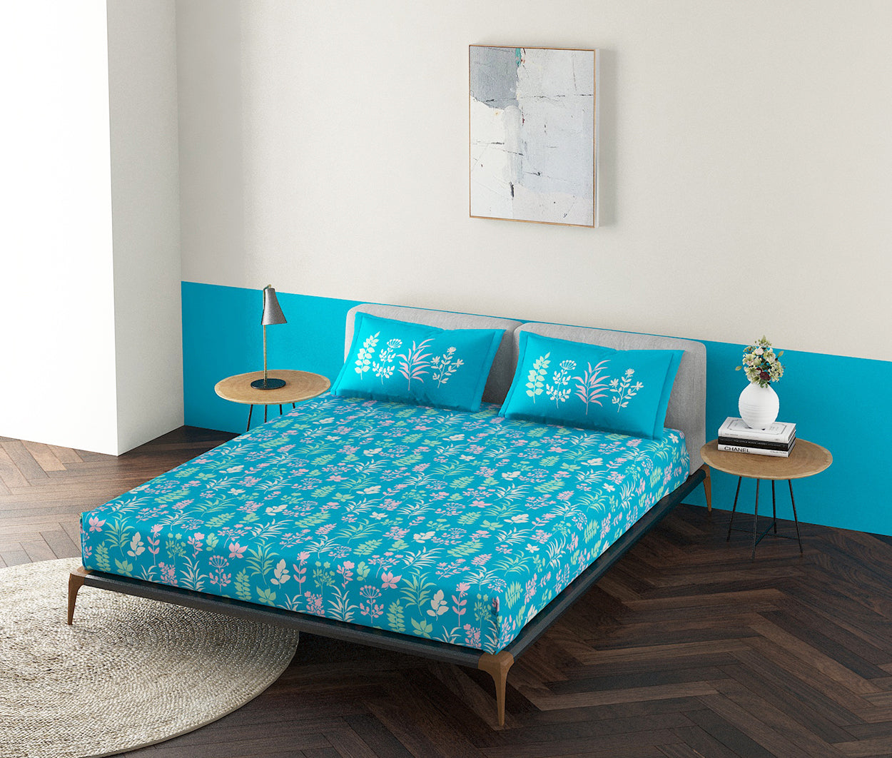 Wild Flora Aqua 100% Cotton Antibacterial Bedsheet Set
