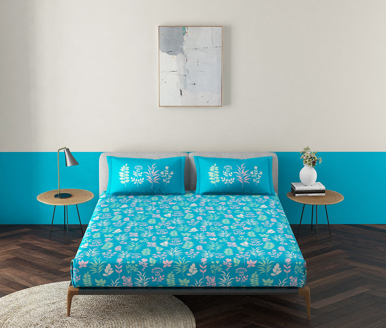 Wild Flora Aqua 100% Cotton Antibacterial Bedsheet Set
