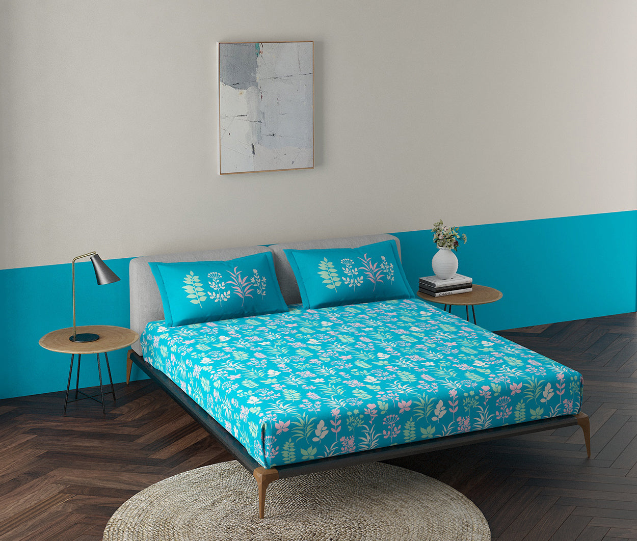 Wild Flora Aqua 100% Cotton Antibacterial Bedsheet Set