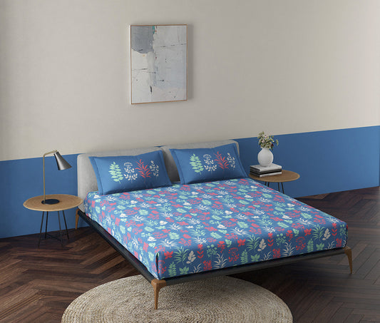 Wild Flora Dark Blue 100% Cotton Antibacterial Bedsheet Set