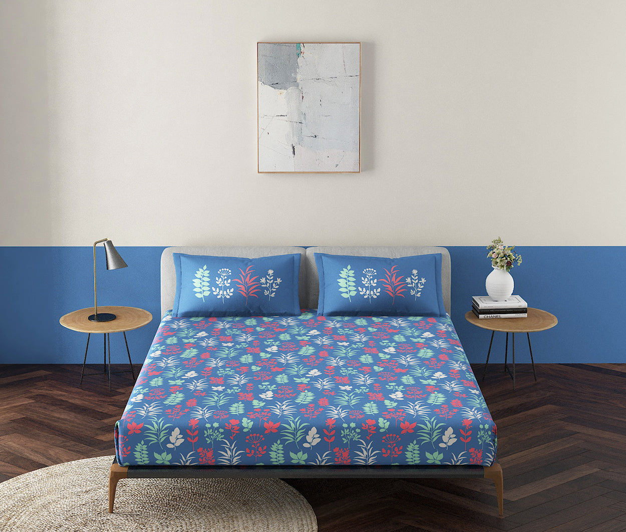 Wild Flora Dark Blue 100% Cotton Antibacterial Bedsheet Set