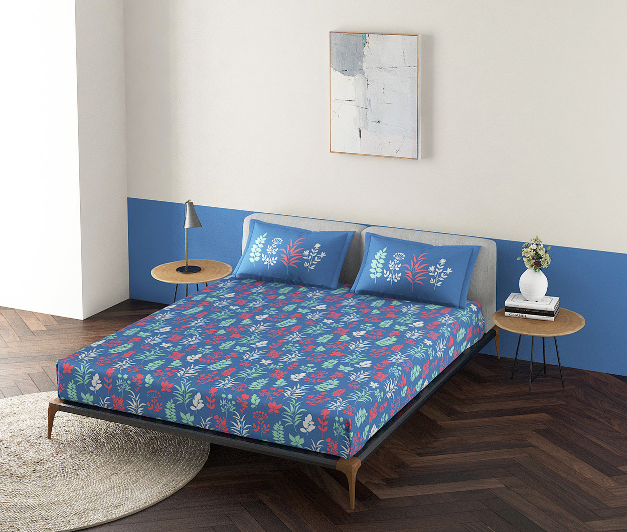 Wild Flora Dark Blue 100% Cotton Antibacterial Bedsheet Set