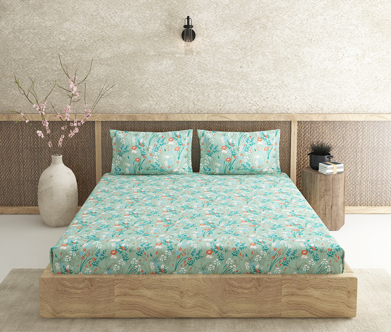 Jardin Teal 100% Cotton Antibacterial Bedsheet Set