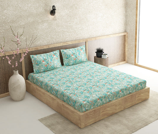 Jardin Teal 100% Cotton Antibacterial Bedsheet Set