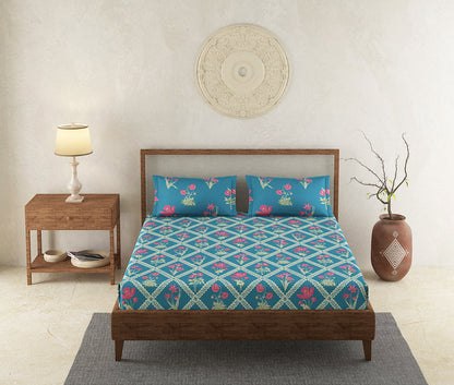 Koral Blue 100% Cotton Antibacterial Bedsheet Set