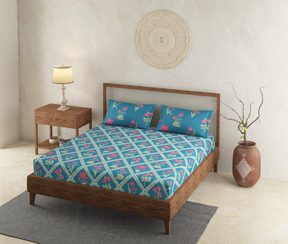 Koral Blue 100% Cotton Antibacterial Bedsheet Set